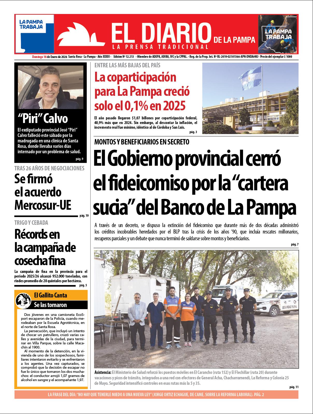 Tapa de El Diario en papel  domingo 18 de enero de 2026